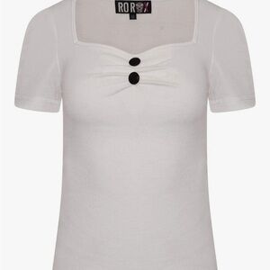 Elegant White Short Sleeve Top with Black Buttons